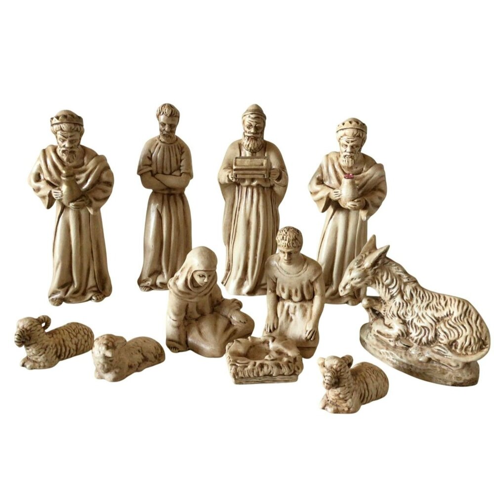 Vintage Handmade Ceramic Nativity 11 Pieces Holy Family Wise Men Animals Manger